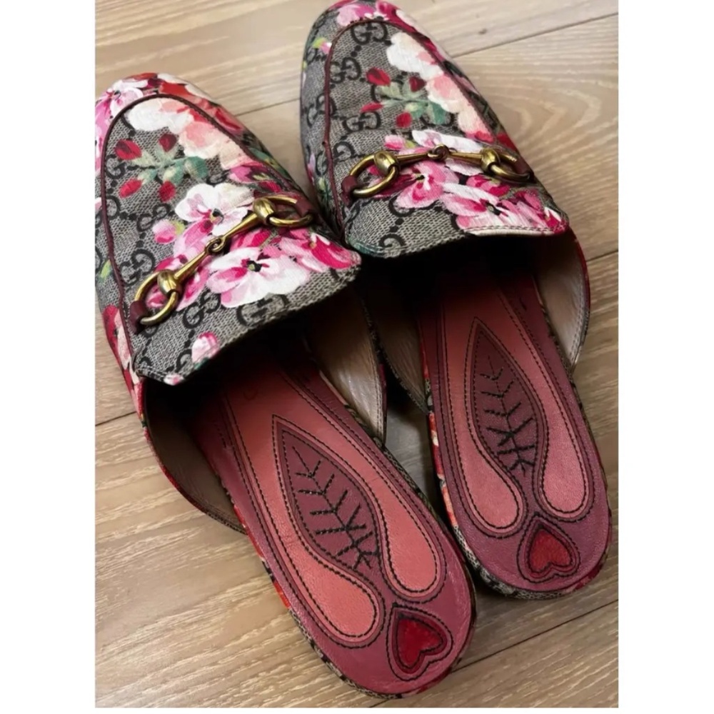Gucci Princetown Pink Bloom Floral Print GG Monogram Canvas Loafers Mules Flats - Picture 4 of 5